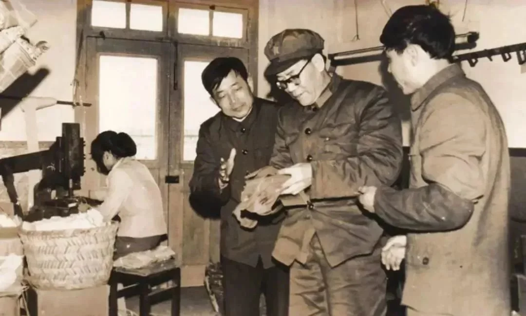袁芳烈（中戴眼镜者）在苍南金乡考察，1982年