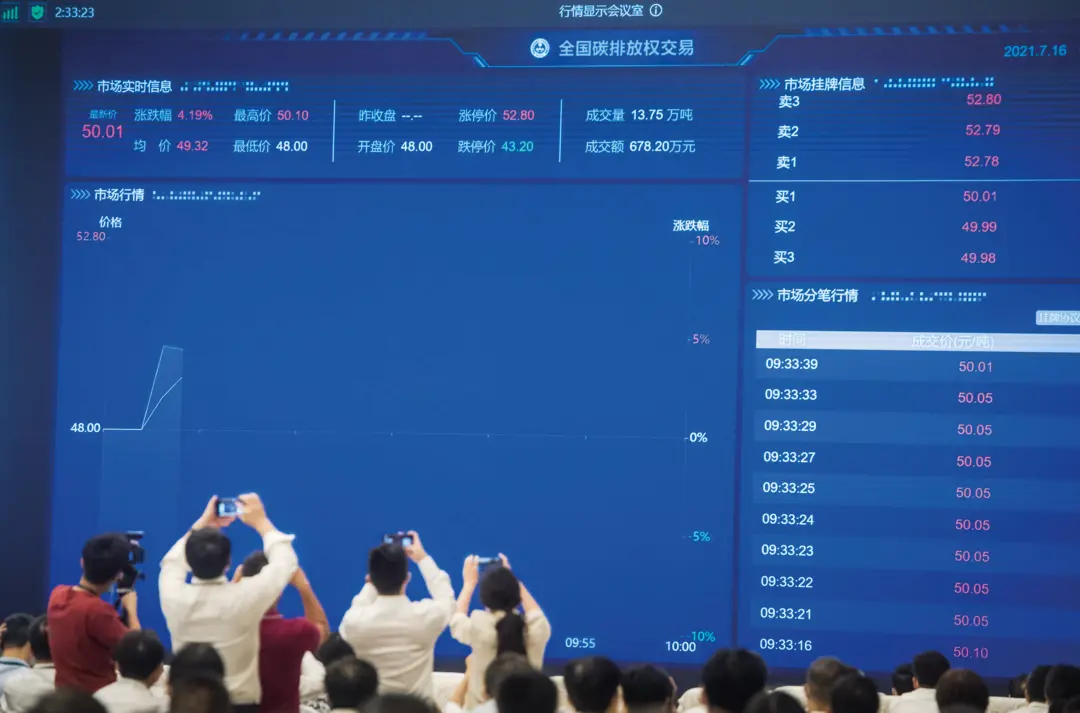 2021年7月16日,全国碳排放权交易市场上线交易启动仪式以视频连线形式举行,在北京设主会场,在上海和湖北设分会场。图/新华