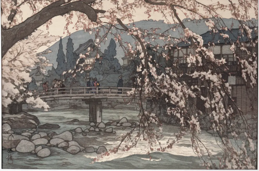 吉田博（1876-1950），《温泉之春》，木刻版画，1940，日本。