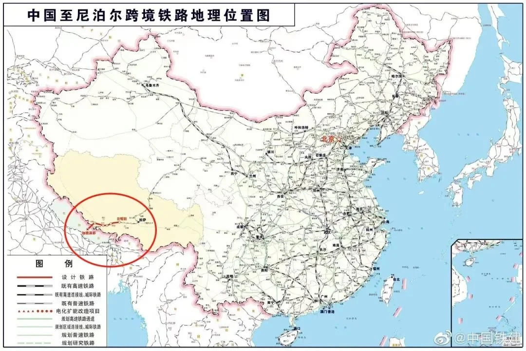 中尼铁路位置示意图。来源/微博@中国铁建