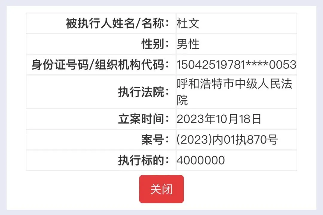▲中国执行信息网显示，杜文被呼市中院列为被执行人，执行标的400万元人民币