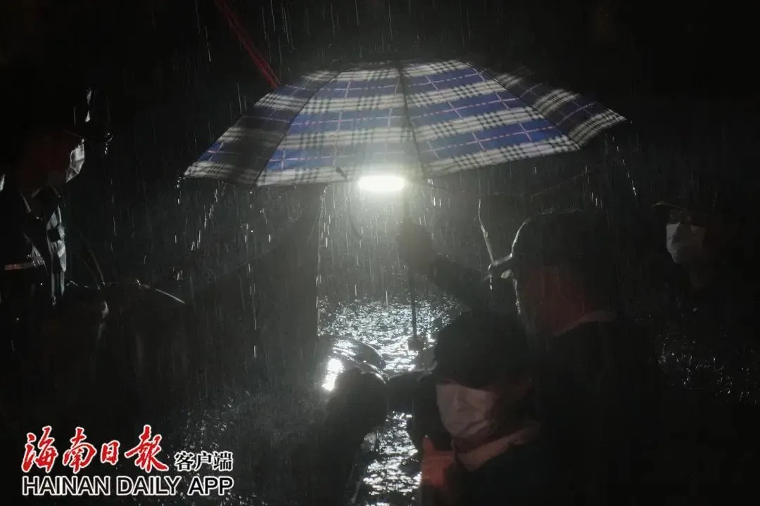 海警和志愿者跳入医疗池冒雨托举鲸鱼，并举起雨伞为其遮挡呼吸孔，保证鲸鱼正常呼吸。