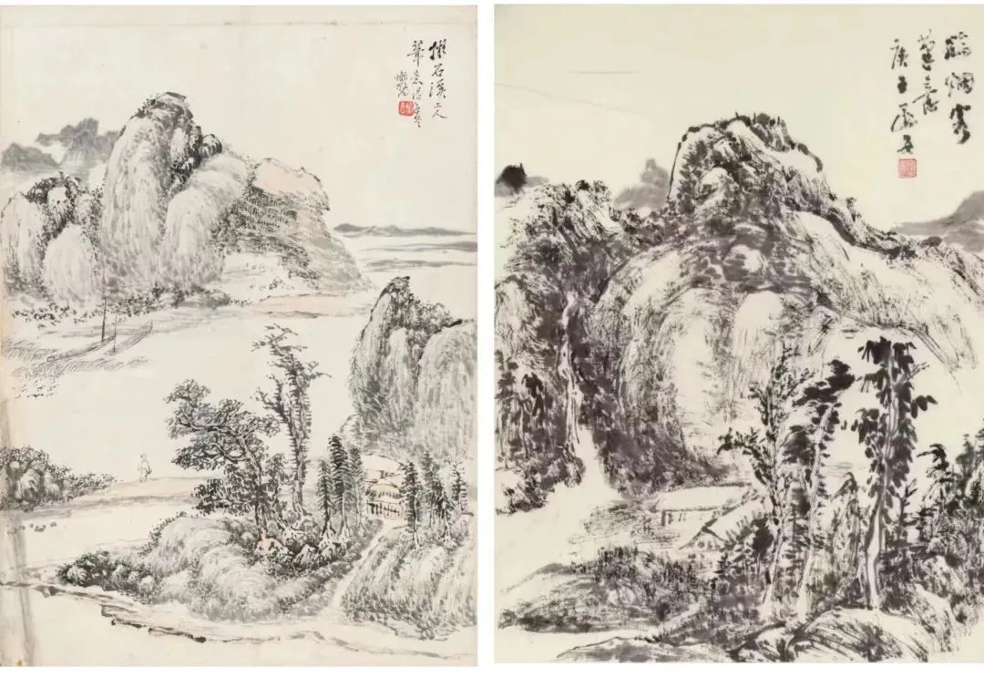 左图：懒悟拟石溪笔意 （“石溪”为 清初“四僧”之一） 右图：贺泽海临烟客笔意（“烟客”为清初“四王”之一王时敏）（图片来源：懒悟艺术研究中心）
