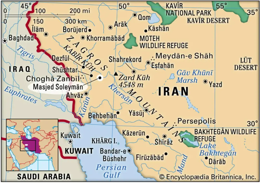 位于伊朗西南部的马斯吉德苏莱曼，1908年，人们在这里发现了石油。该地很早就成为伊朗主要的石油中心之一。来源/Britannica