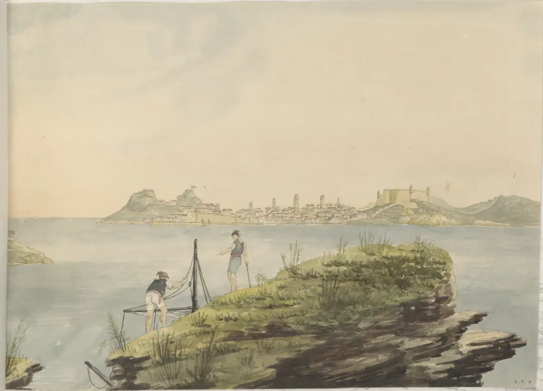 威廉·盖尔 (William Gell，1777-1836)，《远眺科孚岛（希腊克基拉）》，水彩画，1801-1813，科孚岛，希腊。