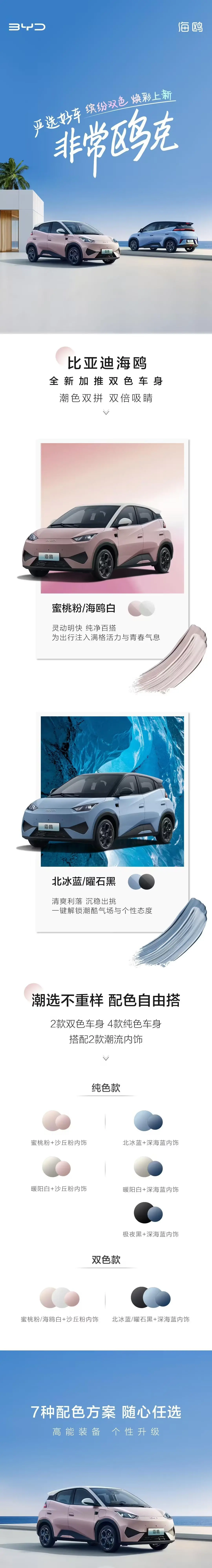比亚迪海鸥新增蜜桃粉/海鸥白、北冰蓝/曜石黑双色车身