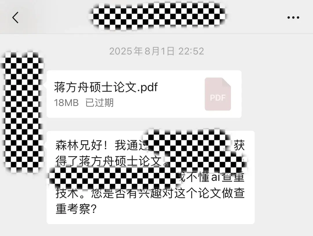 2025年,有人将蒋方舟的硕士论文文件发给“抒情的森林”请求做查重。除特殊标注外,均为受访者供图