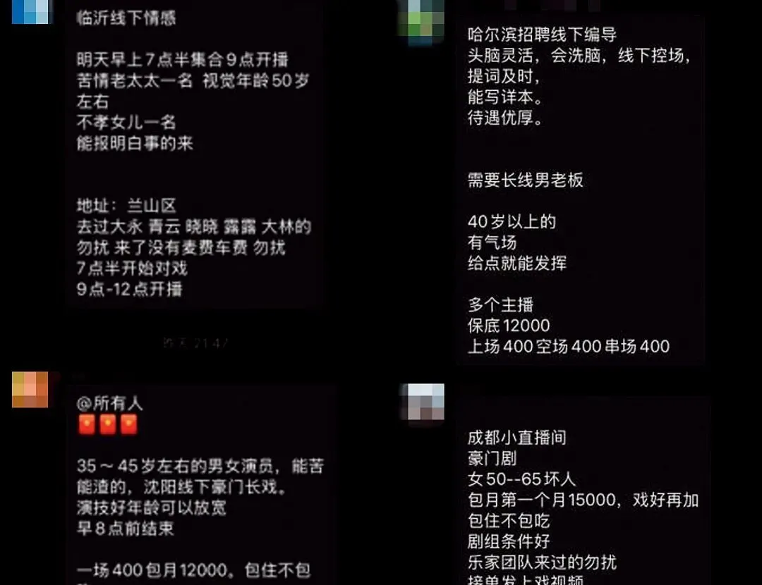 南京师范大学的闫欣瑶与同学合作调研的《电子围城——494位银发老人的直播间受骗实录》揭露，主播平时在微信群接活，每天按剧本演绎人设，自称“更像演员”。截图/受访者提供