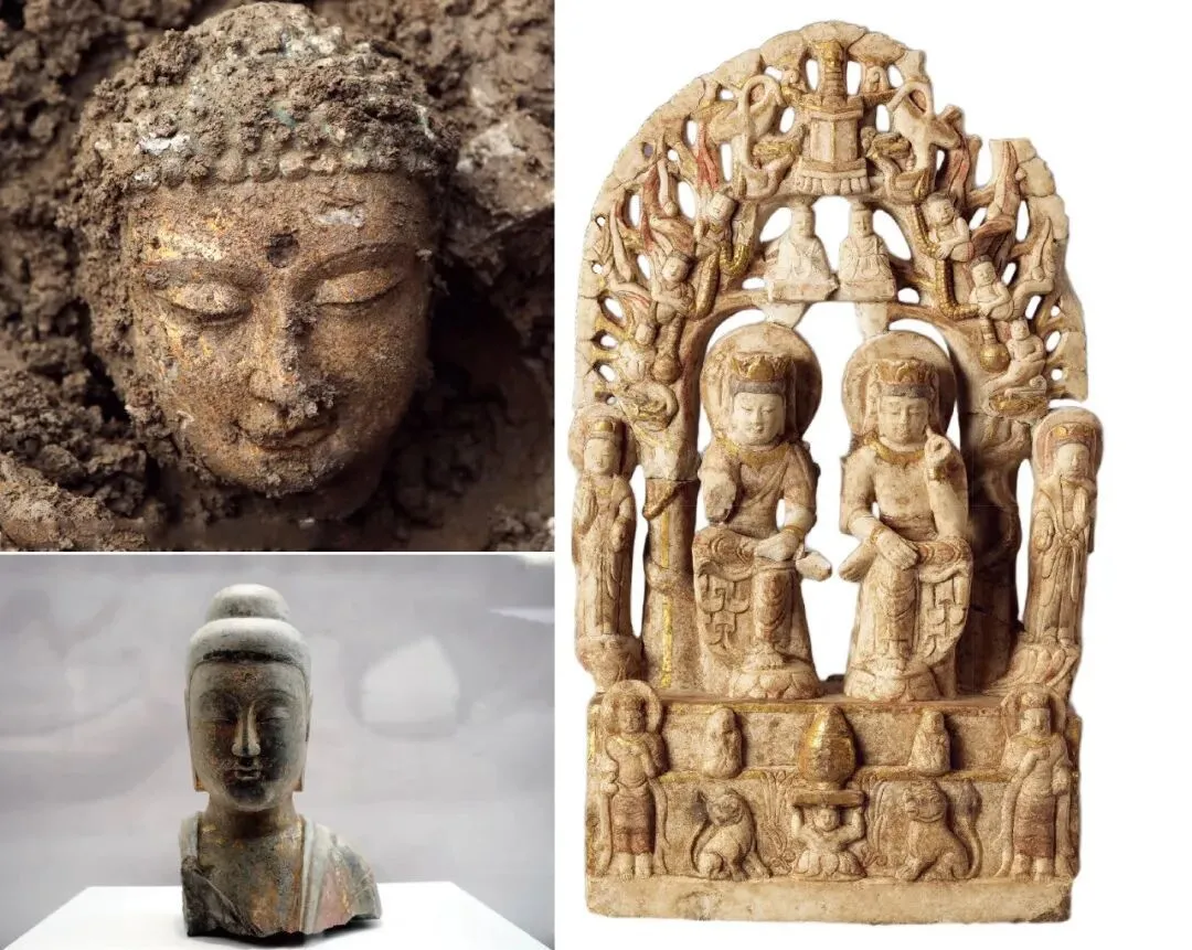 左：上圖：鄴城遺址東郭區(qū)佛教造像埋藏坑發(fā)掘出的佛首 供圖/鄴城考古隊 下圖：北吳莊佛像埋藏坑出土的東魏佛像殘軀，收藏于鄴城考古博物館。攝影/本刊記者 倪偉