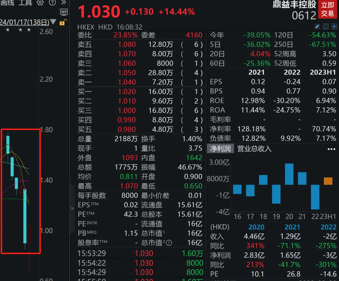 1月16日，鼎益丰控股集团股价大跌32.84%