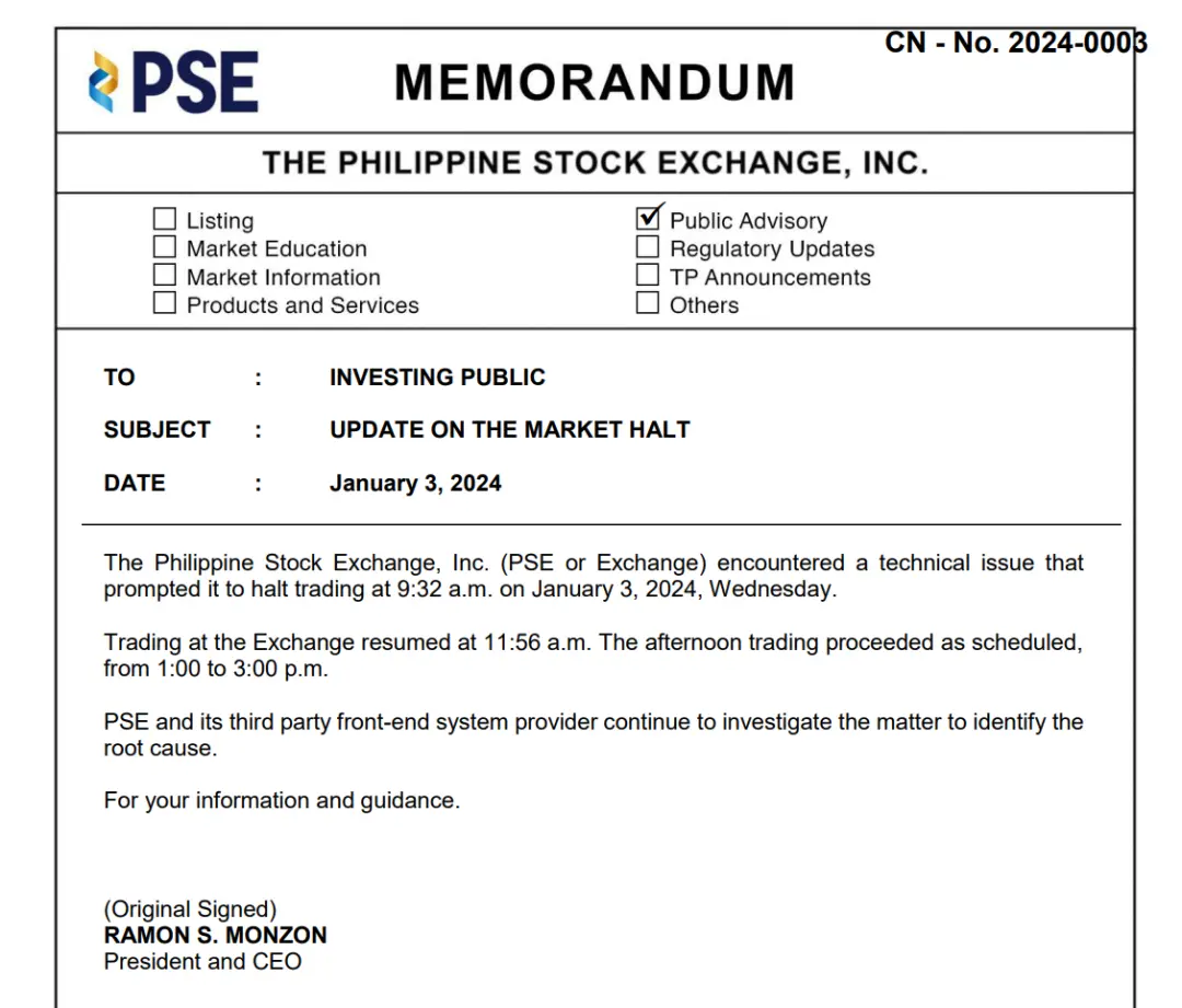 菲律宾证券交易所公告暂停交易原因