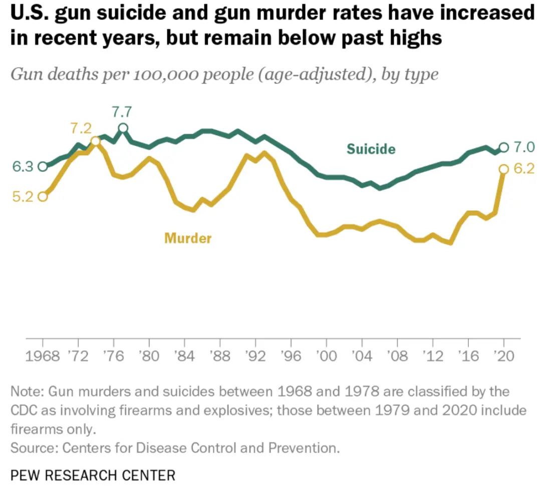 美国枪支自杀率和枪支谋杀率近年来有所上升，但仍低于过去的高点