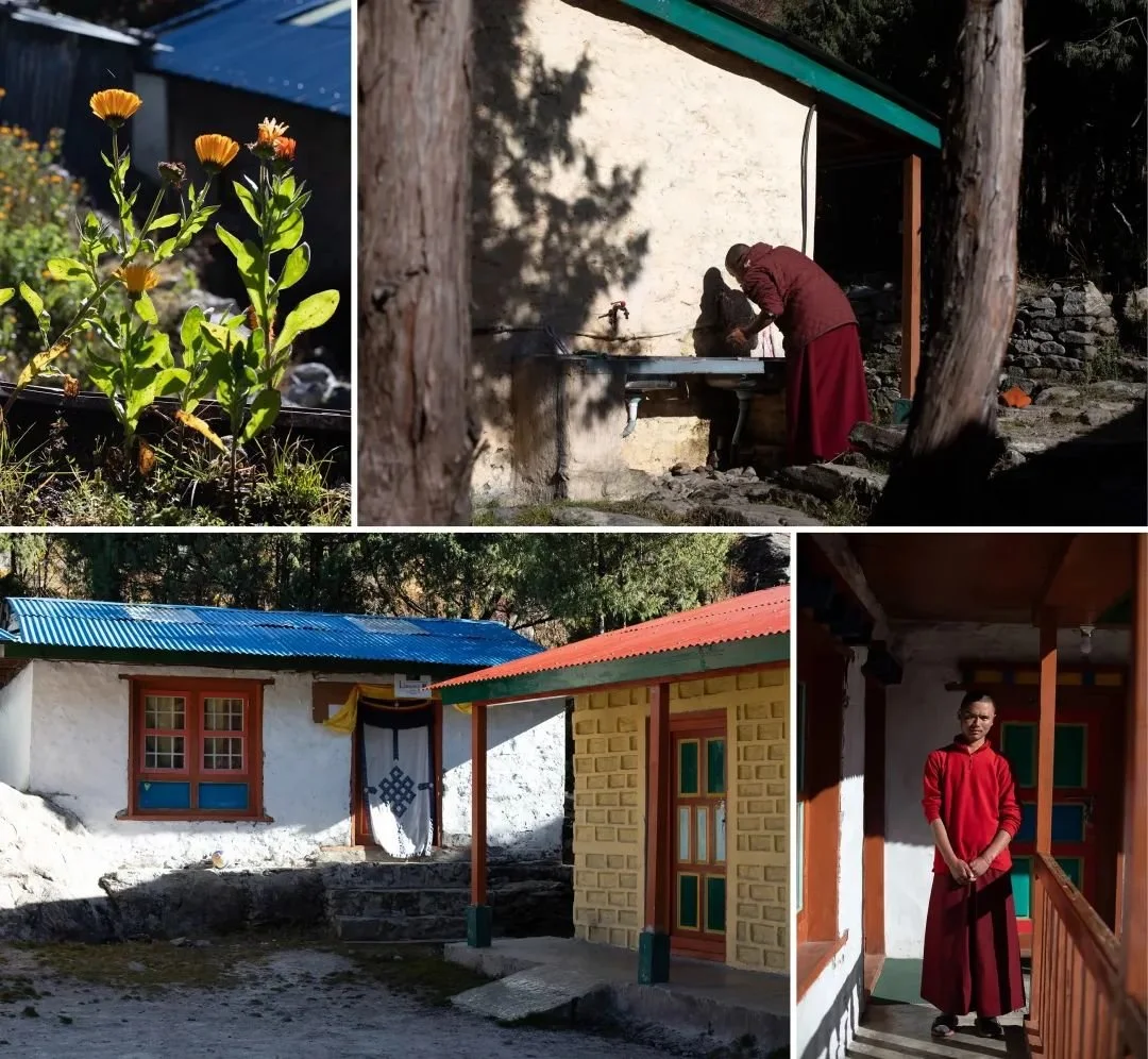 ■ 罗瓦林Sangag Choling修道院学校有21名学生，右下照片中的明玛·塔芒就是其中一位。学校位于海拔约13000英尺处。