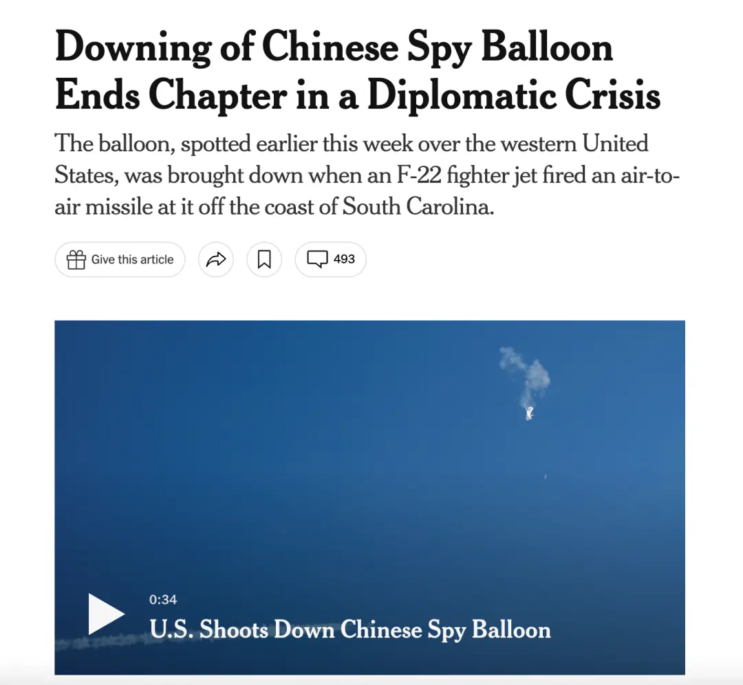 《纽约时报》当地时间2月4日发文，标题称击落中国飞艇“结束了这一外交危机”。