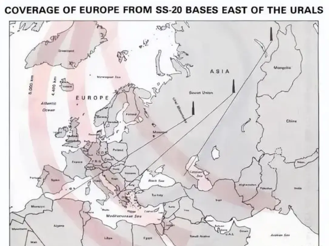 图为北约绘制的苏联SS-20中程弹道导弹打击范围