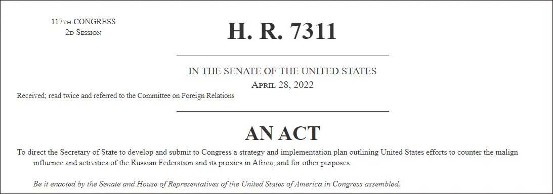 美国众议院4月通过《打击俄罗斯在非恶意活动法案》