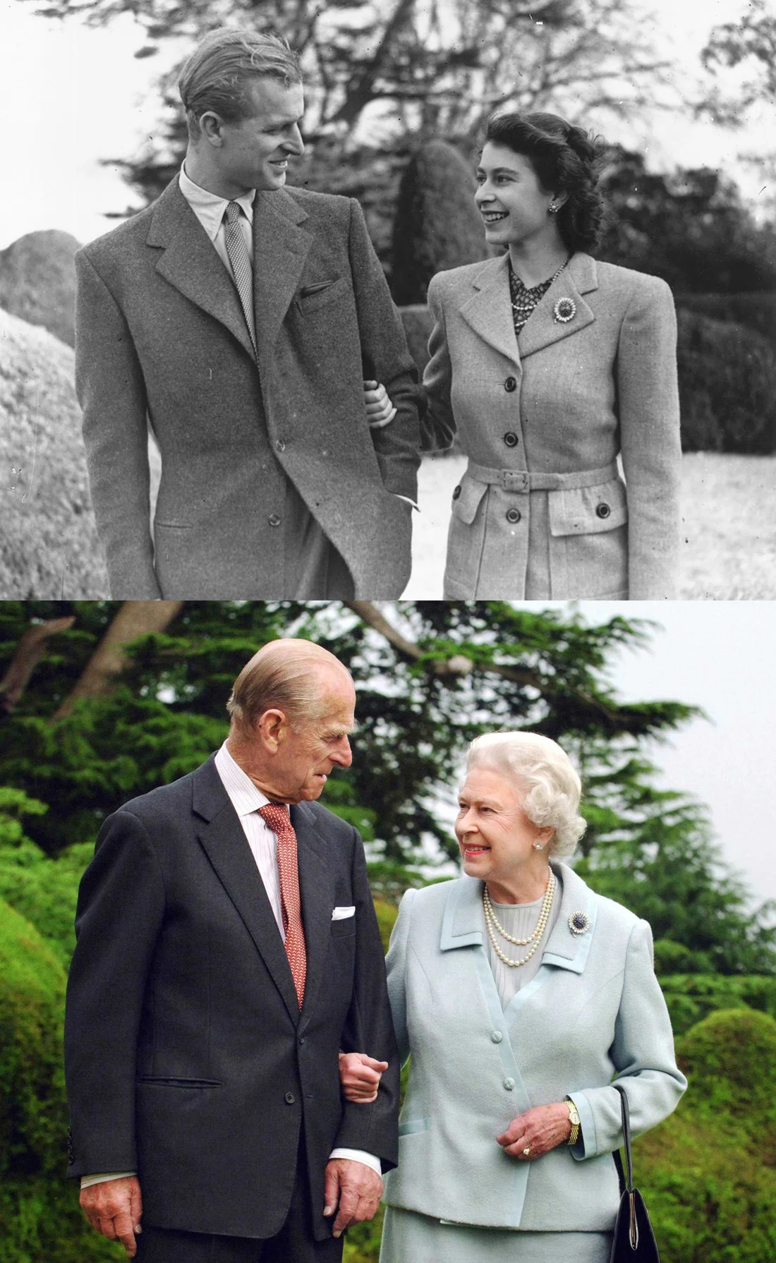 上图：1947年11月24日，伊丽莎白公主和菲利普在布罗德兰兹庄园度蜜月时携手散步。 下图：2007年，结婚60周年之际，英国女王伊丽莎白二世和菲利普亲王在同一位置拍了同样动作的照片。