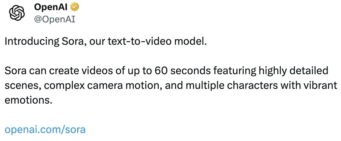 OpenAI官宣Sora