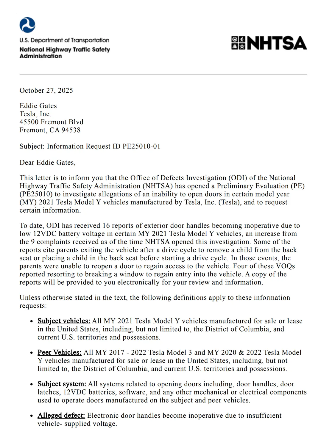NHTSA致信特斯拉