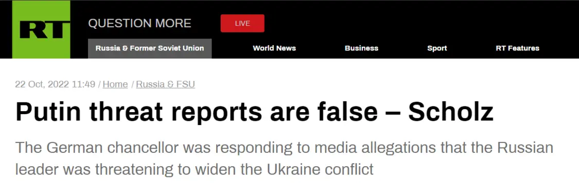 RT：朔尔茨称，有关普京威胁的报道是虚假的