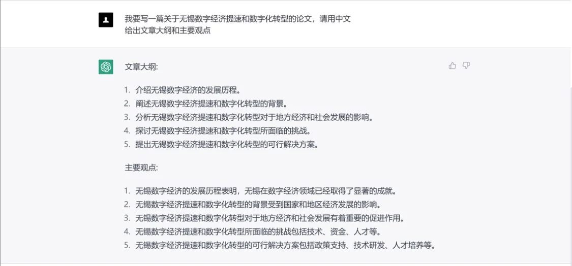 聊天截图：ChatGPT列出的“无锡数字经济提速和数字化转型”论文的提纲和主要观点。 作者供图