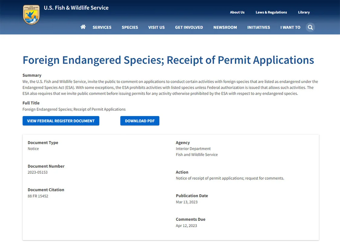 美国鱼类和野生动物管理局公示《外国濒危物种；许可证申请回执》。美国鱼类和野生动物管理局官网 截屏图