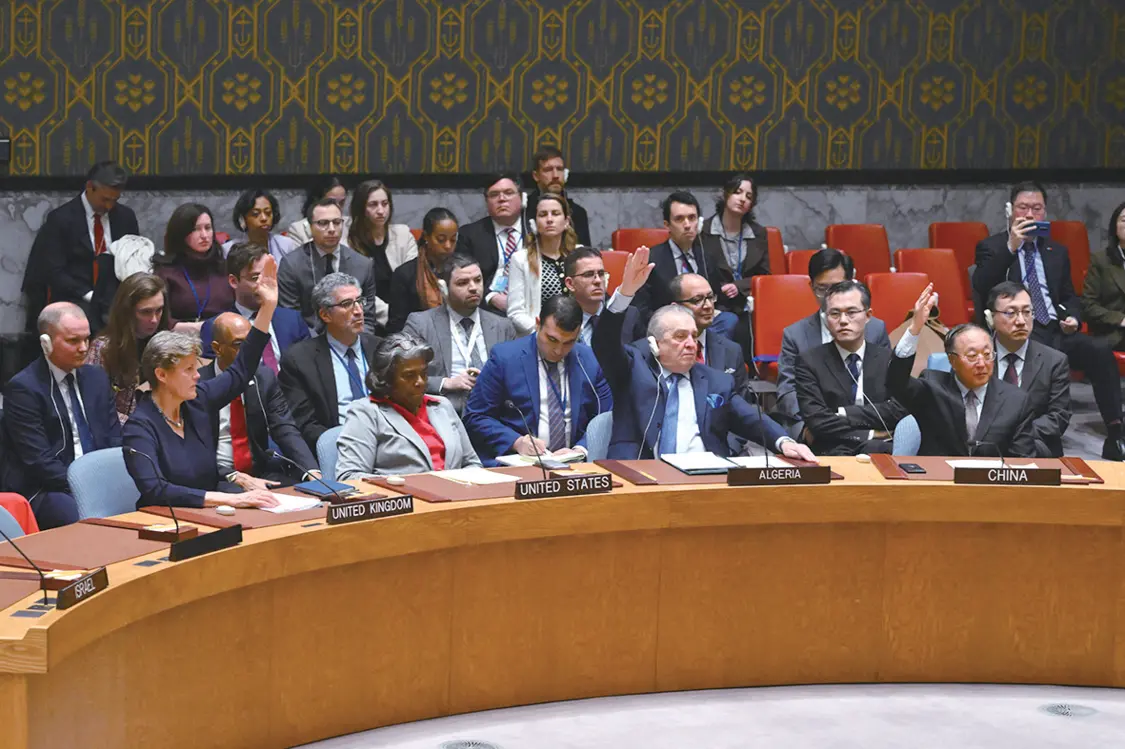 联合国安理会25日通过决议，要求斋月期间在加沙地带立即停火。美国代表弃权。（法新社）