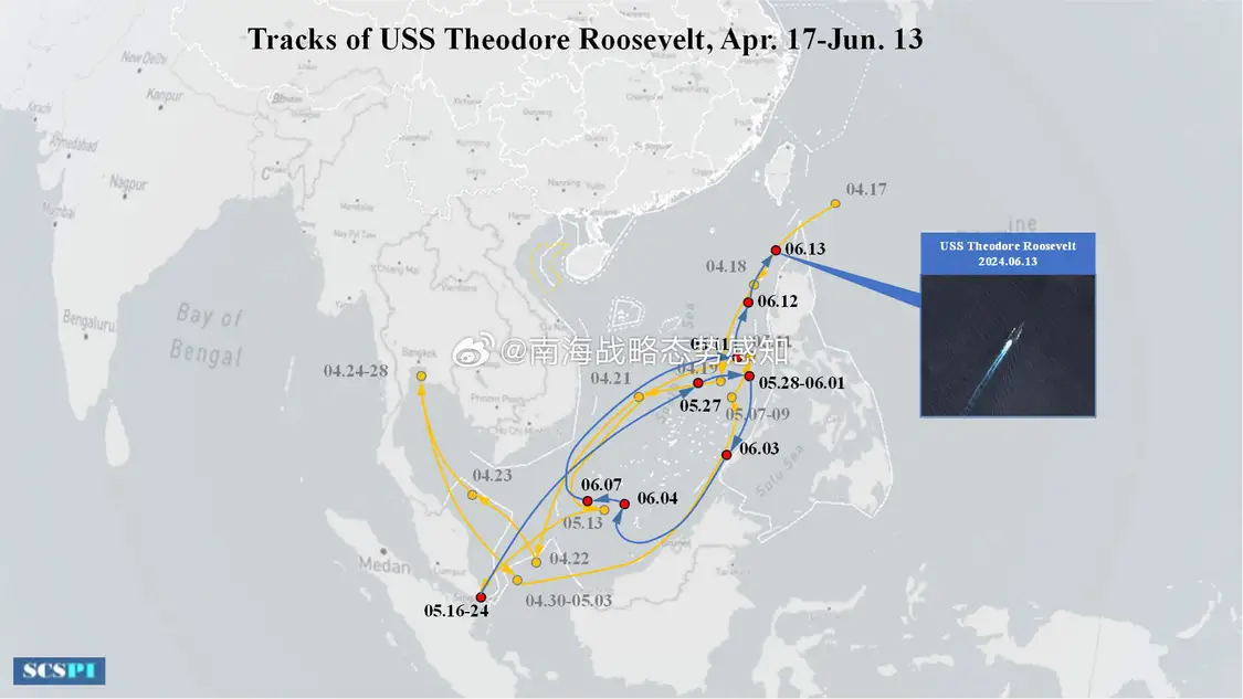 6月13日，“罗斯福”号通过巴士海峡离开南海进入太平洋 图片来源：微博@南海战略态势感知