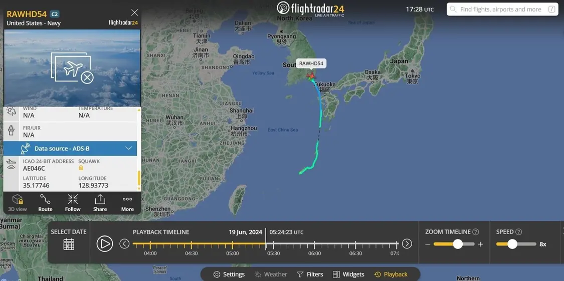 一架C-2A舰载运输机从嘉手纳飞釜山，似乎意味着“罗斯福”即将访韩
