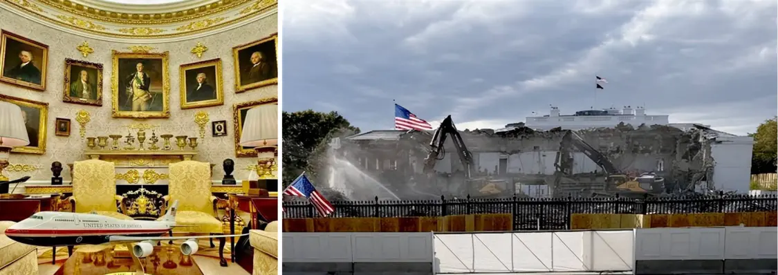 短短9个月,原本素净的椭圆形办公室已是左图这般金碧辉煌,底下那架总统新专机难产已有七八年,机身一道红油漆的改动便报价2亿美元。而白宫更大的拆迁改造正在特朗普亲自督工下如火如荼,美国的效率都在这里了……