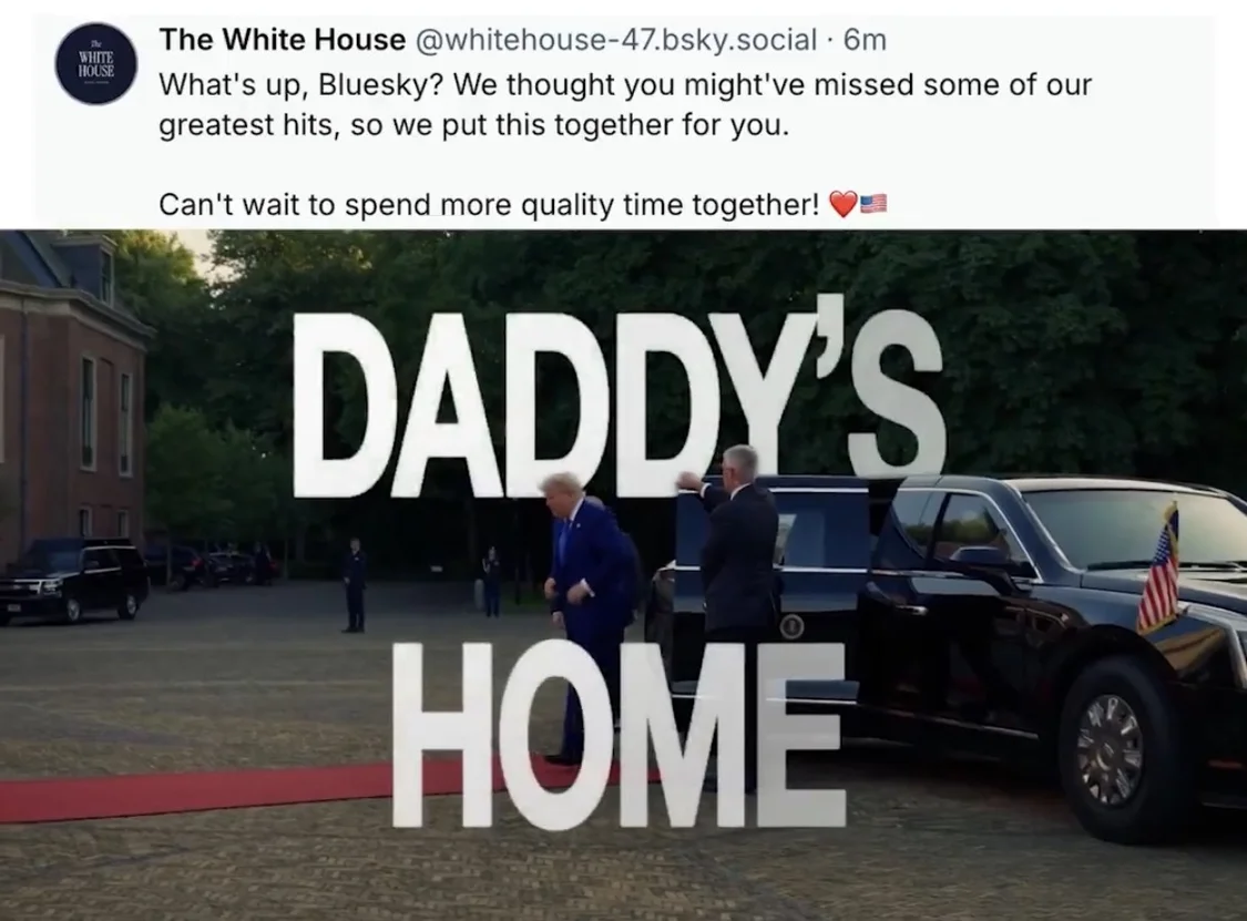 这是美国白宫社交媒体账号截图，视频题为《爸爸回家了》。