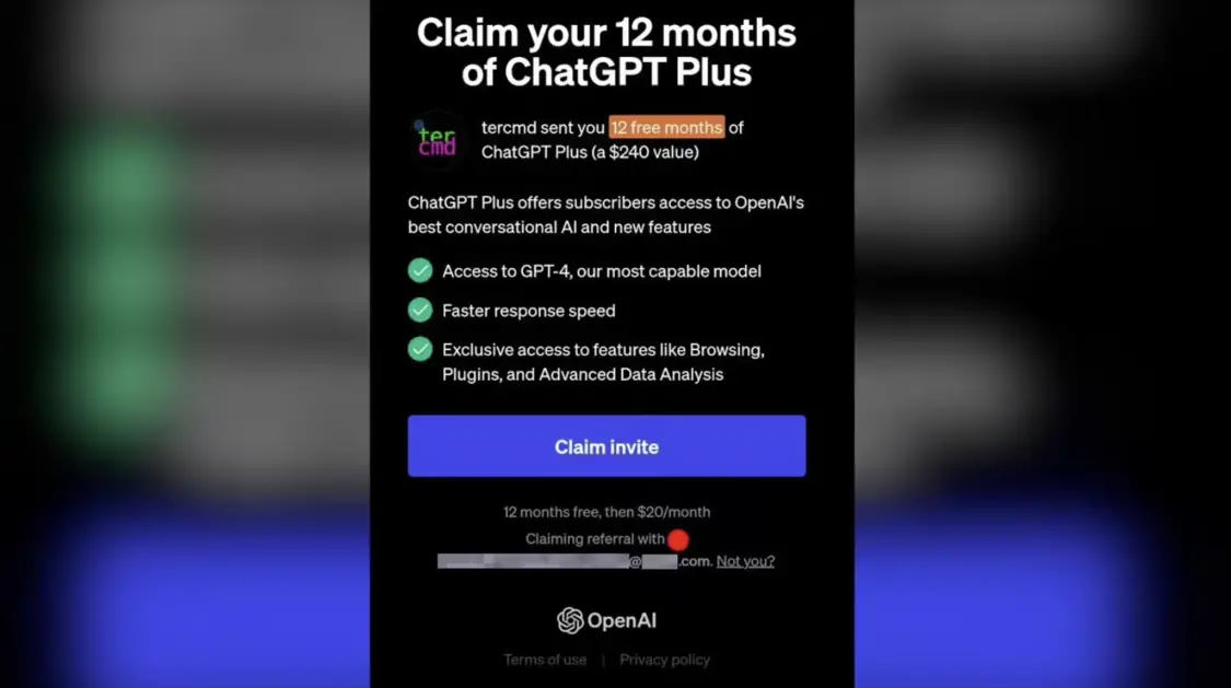 部分ChatGPT Plus订阅用户可邀请他人免费试用，但仅有一次机会