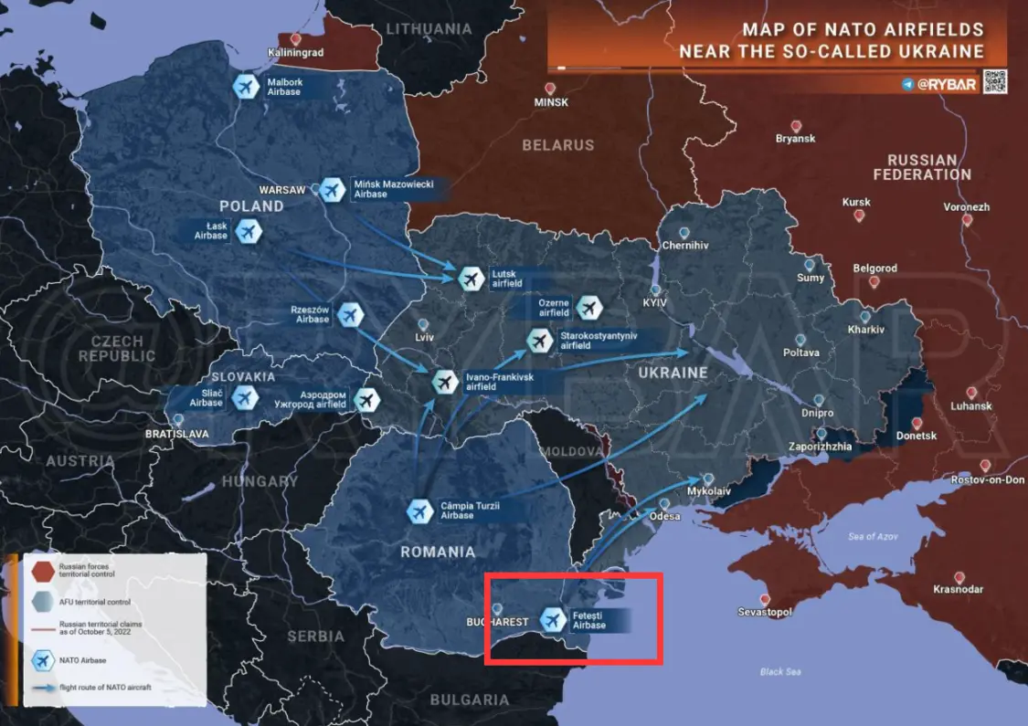 图为北约及乌克兰空域图，Fetesti空军基地（红框内）临近黑海。