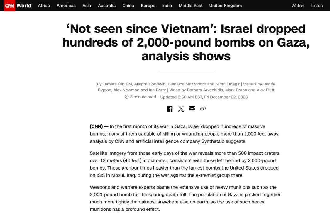 CNN指责以色列在战争首月使用GBU-31重磅航弹超过500枚
