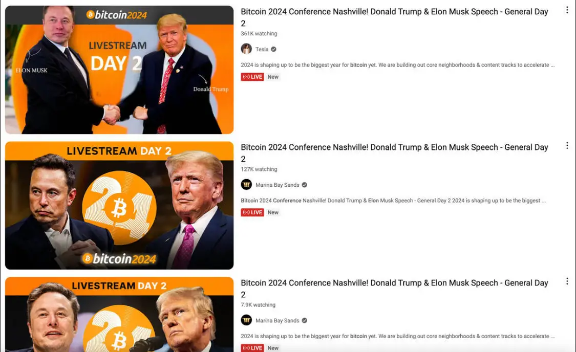 YouTube上“埃隆比特币会议”的搜索结果显示了数十个自称的“现场视频”，其中包括一个Deepfake生成的马斯克兜售加密货币骗局。一些视频被数十万人观看。
