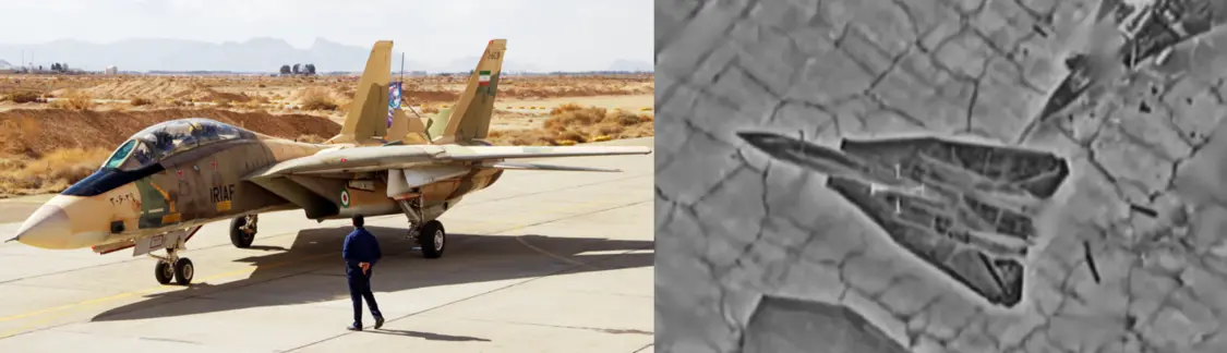 伊朗最先进的F-14AM战机是20世纪70年代，美军F-14A“雄猫”战机的升级版。该型战机在此次以色列的打击行动中损失惨重。（右图为被以军炸毁的伊朗F-14战机）