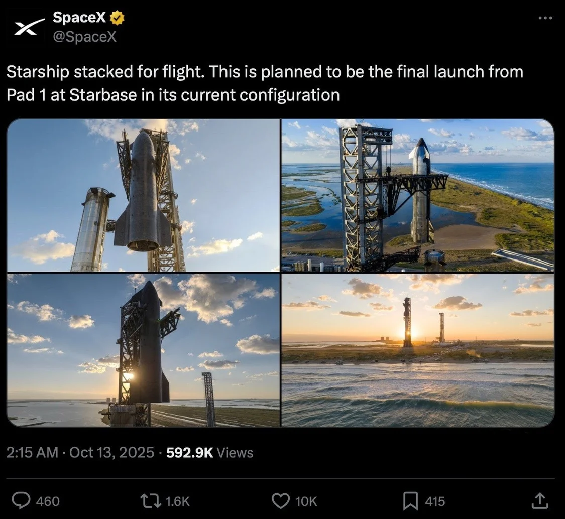 SpaceX将于10月14日最后一次发射“星舰 V2”，迈向V3时代