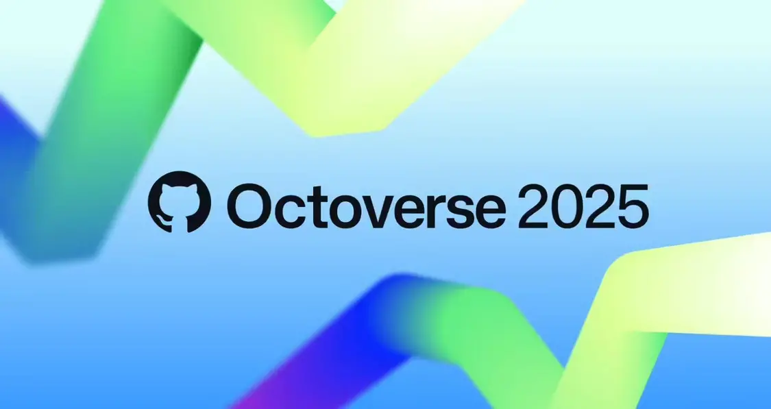 A vibrant abstract background with overlapping green, blue, and purple gradient ribbons behind the text ‘Octoverse 2025’ and the GitHub logo.