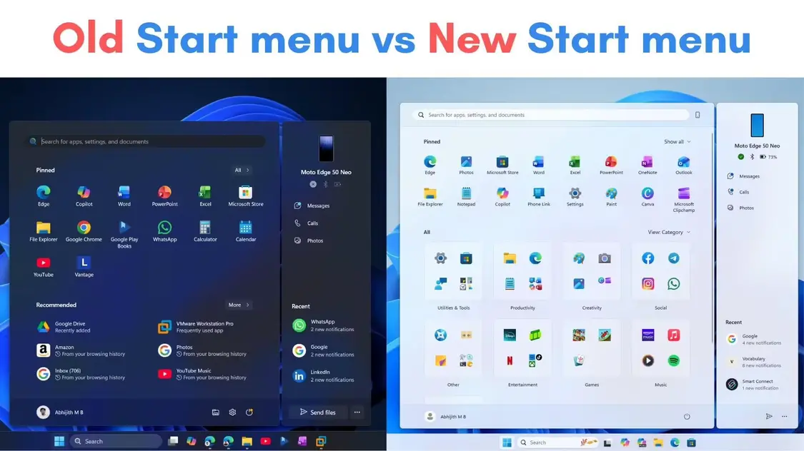Old Start menu vs New Start menu in Windows 11