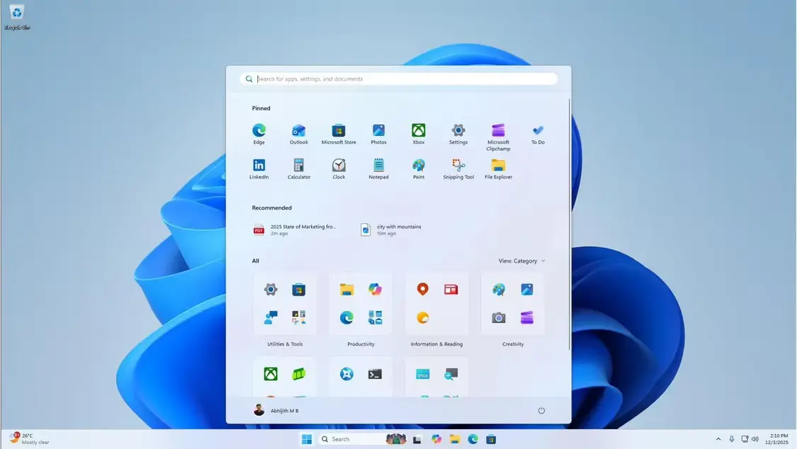 How Start screen looks with Scale set to 100% and resolution to 1920x1080