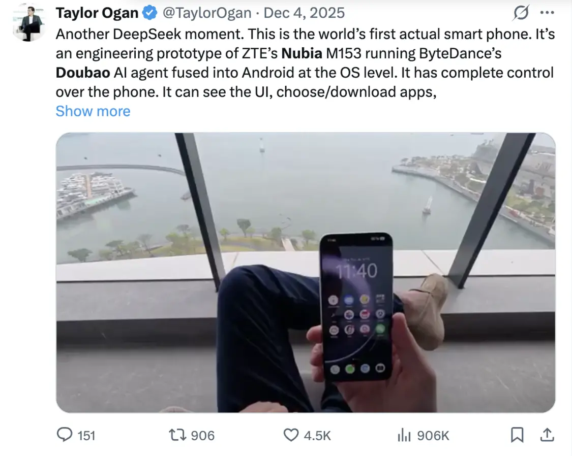 美国投资人Taylor Ogan实测豆包AI手机，帖子阅读量超过90万