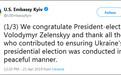 泽连斯基宣布胜选乌克兰总统 美国欧洲北约排队祝贺
