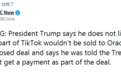 特朗普说不喜欢TikTok甲骨文的协议，因财政部没拿到钱