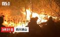 凉山西昌森林火灾现场：火苗在树上窜升 树下手电闪动提醒扑火队员