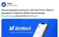 BitWell联合创始人、前币安全球法币交易所运营负责人Hsann出任平台COO