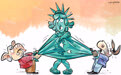 中国日报漫画：党争撕破美式民主的“画皮”