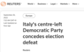意大利中左翼政党民主党承认在大选中落败 将成为最大反对党