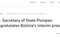 美国承认玻利维亚“临时总统” 莫拉莱斯发文谴责