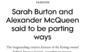 Sarah Burton将离任Alexander McQueen创意总监一职