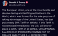 特朗普威胁对欧盟酒类产品征收200%的关税